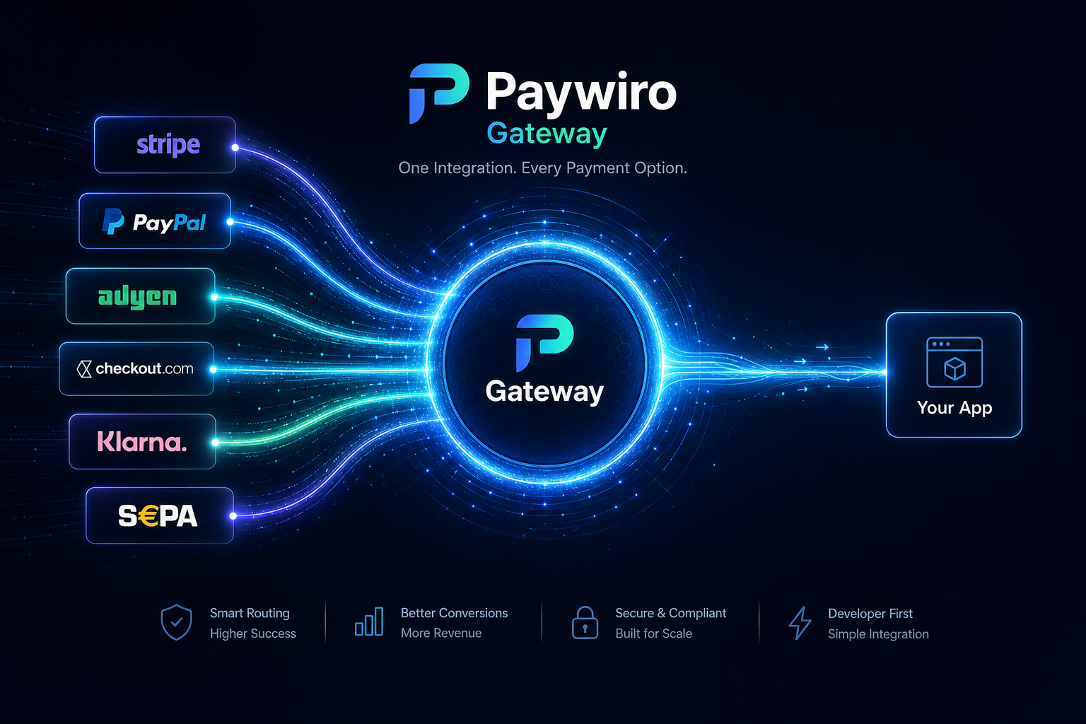 Paywiro Gateway routing architecture: unified API connecting to multiple payment providers